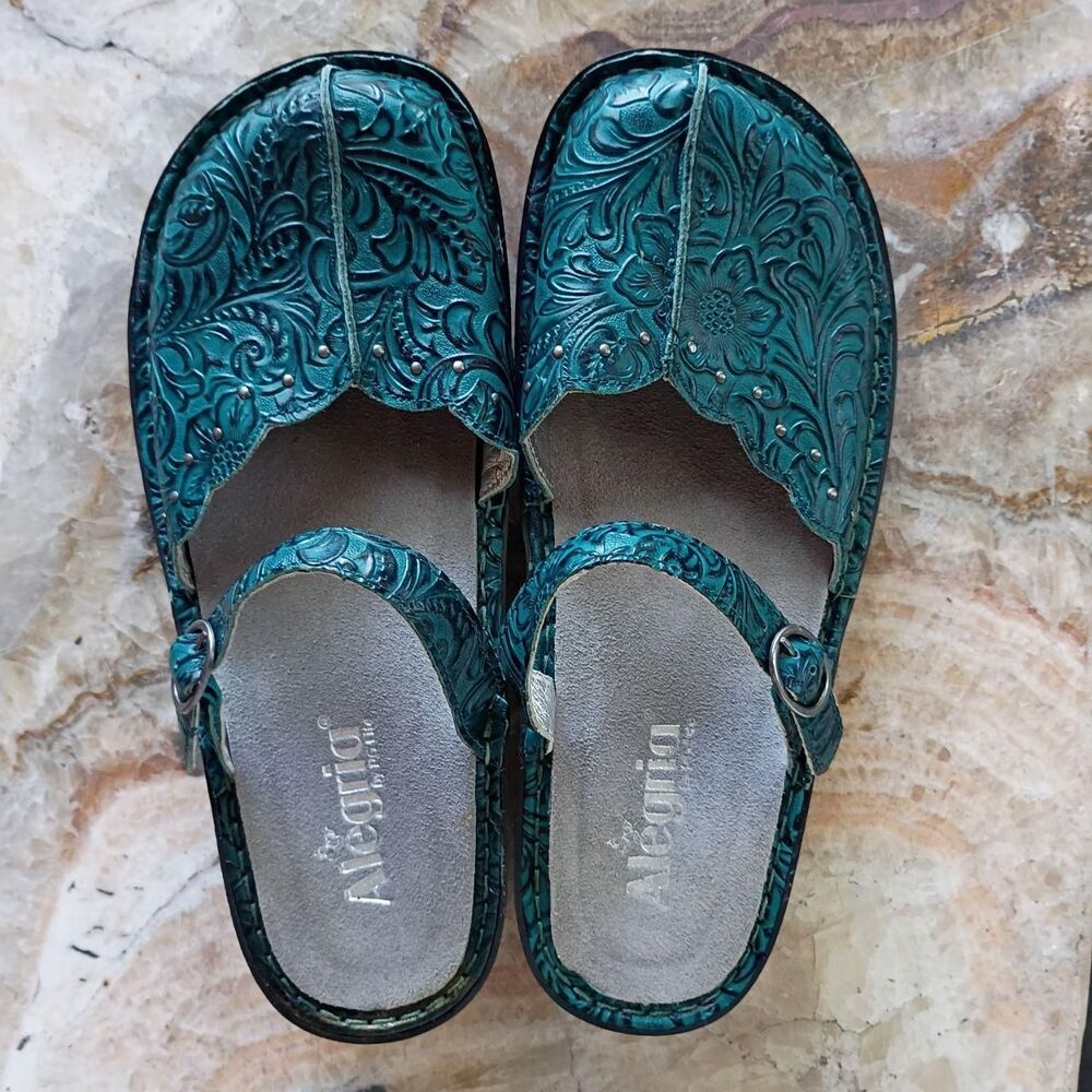 Alegria Teal Tuscany Tooled Mary Jane Women's Blue and Green Mules